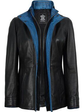 Women’s Black Blue Leather Coat Dual Closure Long Jacket Stylish Outerwear